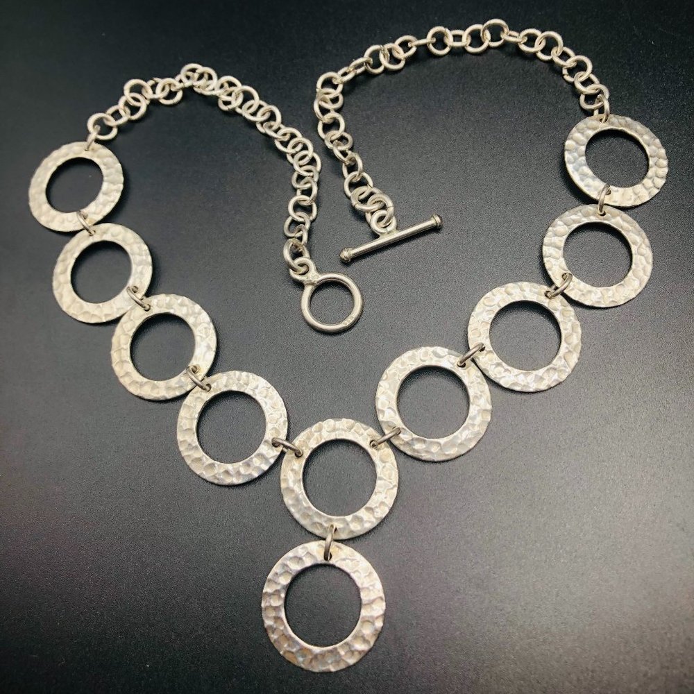 Vintage Dangle Hammered 0.89" Circles 925 Sterling Silver Necklace: 31g 17.5"
